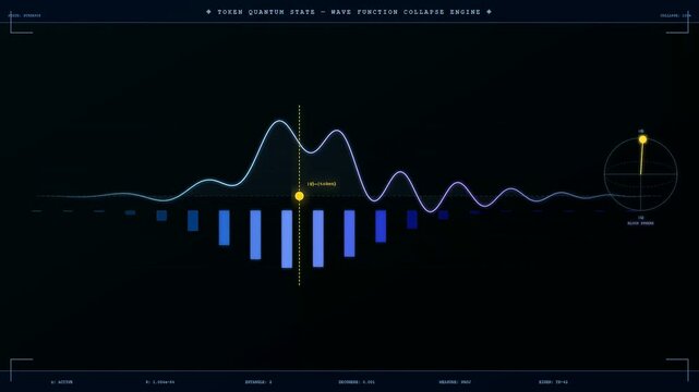 Three panels show token streaming as a digital wave function collapse process displayed within a dark laboratory interface featuring a shifting circular orbital vector path visualization