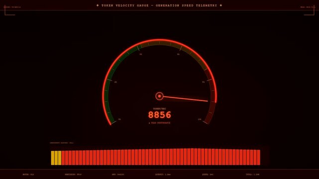 A digital token streaming visualization showing glowing circular gauges with numerical data metrics increasing in speed across three dark orange panels in a synthetic graphical interface