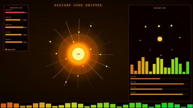 Token streaming visual interface showing radiating circular energy core pulses with fluctuating data charts and glowing light nodes displayed on a dark virtual command monitor panel