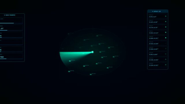 Token streaming displayed on digital radar interface screens featuring animated rotating beams scanning glowing green data points across dark computer displays in a modern monitoring system