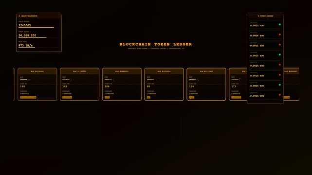 Digital token streaming interface showing active data rows with numerical values flowing inside dark glowing windows in a modern software analytics visualization monitoring system screen