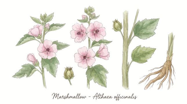 Hand-drawn watercolor vector botanical illustration of Althaea officinalis marshmallow plant with delicate flowers and green leaves isolated on a white background for herbal medicine design