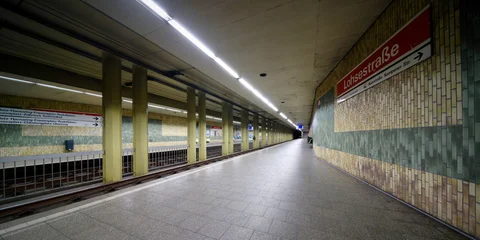 Cologne, Germany June 29 2026: Perspective view of the empty subway station Lohsestraße in Cologne, Germany, featuring tiled walls and vanishing point architecture. © gehapromo