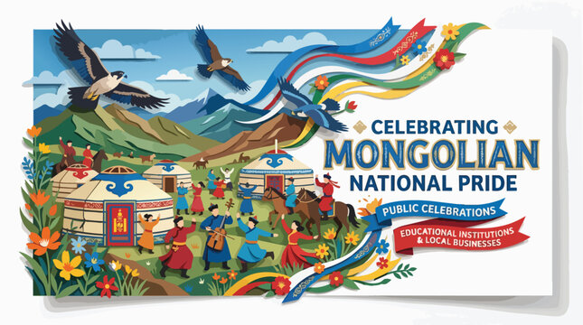 Mongolian national pride celebration with traditional yurts and eagles