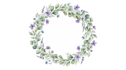 Elegant watercolor wreath illustration featuring lush green eucalyptus foliage and delicate violet floral blossoms, circular botanical frame for wedding invitation or greeting card. © eun
