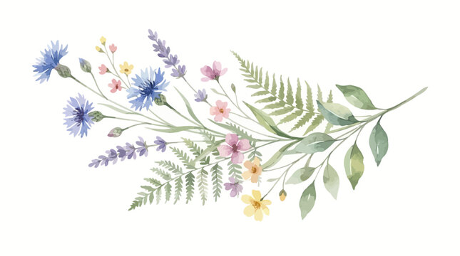 Elegant Watercolor Botanical Branch with Wild Meadow Herbs and Delicate Field Flowers, Artistic Floral Vector Illustration for Wedding Invitation Design and Greeting Cards Decoration
