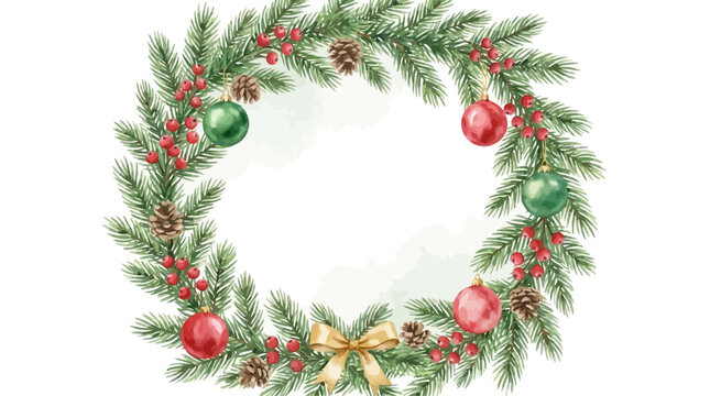 Festive watercolor Christmas border featuring lush green fir branch and pine needle with copy space for text, isolated on a white background for holiday greeting card design template.