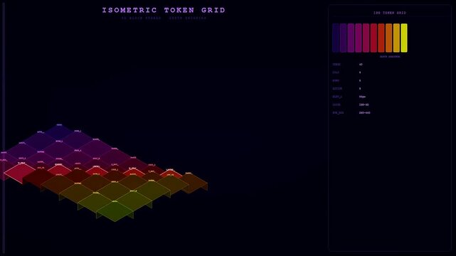 Token streaming interface rendered as an isometric grid showing data blocks changing colors across a dark space representing digital networking and algorithmic information processing systems