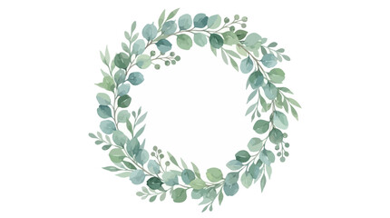 Artistic botanical watercolor round wreath featuring hand-painted green eucalyptus leaves and delicate foliage branches, isolated on a white background for elegant wedding invitation design. © eun