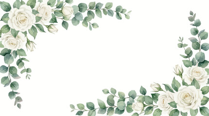Elegant watercolor botanical corner border featuring lush green eucalyptus foliage and delicate white roses vector frame design for wedding invitations or greeting cards illustration. © eun