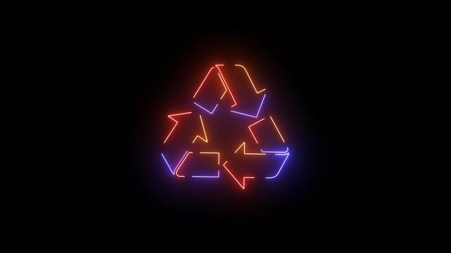 Looping Neon Recycle Symbol Doodle Animation on Black Background | Glowing Eco Icon Motion Graphics, Recycle symbol shines in neon colors to represent sustainable living.