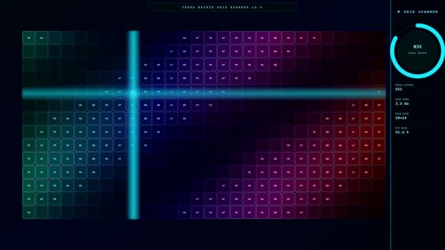 A digital token streaming process moves across a glowing grid interface while scanning purple and green square nodes displayed on a dark virtual laboratory screen