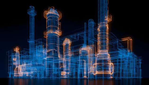 The digital twin of the industrial refinery complex features a futuristic blueprint in blue wireframe, showcasing glowing orange lights on its complex machinery. Designed for the tech industry.