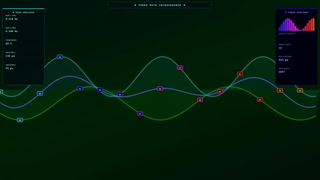 A fluid token streaming interface displays wave patterns evolving across multiple digital monitors while subtle lines pulse within a dark environment featuring vibrant glowing cyan green light