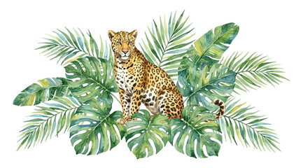 Watercolor Illustration Vector Set Featuring Exotic Leopard Wild Cat and Lush Green Tropical Jungle Leaves with Palm Foliage Elements Isolated on White Background for Design Decor © eun