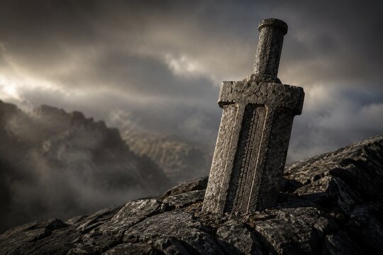 An ancient stone sword thrust into rocky ground with textured stone surface.