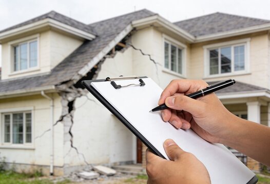 An insurance adjuster records damage assessment of a cracked house exterior on a blank clipboard.