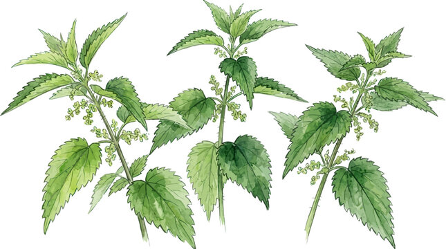 Detailed hand drawn watercolor vector botanical illustration of a stinging nettle plant with green leaves and delicate textures isolated on a clean white background for nature design projects.