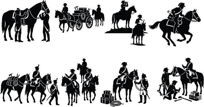 Historical Cavalry and Mounted Military Silhouette Collection with Horses and Expedition Scenes