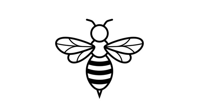 Minimalist black outline bee illustration. Simple graphic design element or icon of a stylized honeybee on a white background.