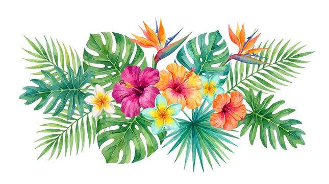 Vibrant Hand-Painted Watercolor Tropical Banner Featuring Lush Green Palm Fronds, Monstera Foliage, and Brilliant Hibiscus Blossoms Isolated on White Background for Summer Vacation Floral Design.