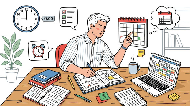 Professional Male Executive Taking Detailed Planning Notes and Organizing Daily Schedule on Paper Notebook in Modern Corporate Office for Time Management Strategy and Project Task Coordination