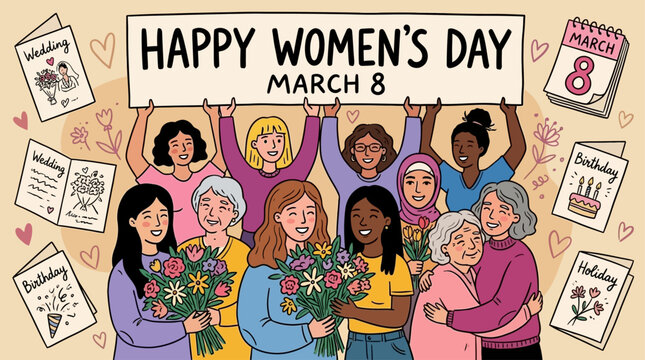 Elegant Handcrafted Happy Women Day Celebration Card Featuring Artistic Doodle Ink Line Illustration for March 8 Global Event Poster and Decorative Graphic Design Aesthetic