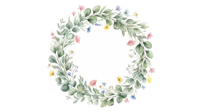 Elegant Watercolor Botanical Wreath Featuring Lush Green Eucalyptus Leaves and Delicate Floral Accents Arranged in a Circular Vector Frame Isolated on White Background for Wedding Invitation Design
