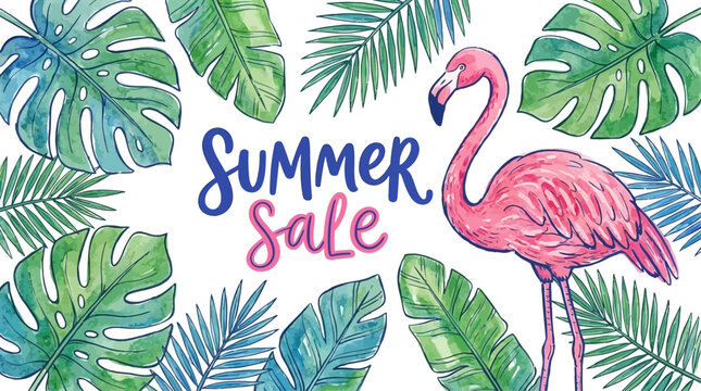 Artistic watercolor vector illustration of a summer sale banner featuring exotic tropical foliage and a graceful pink flamingo bird, vibrant seasonal promotion background for marketing.
