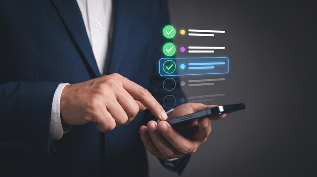 Businessman manages tasks and project milestones using a digital checklist interface on a mobile smartphone device against a dark background