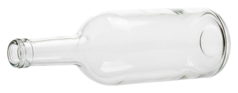 A single spotless clear glass Bordeaux wine bottle, lying horizontally on a transparent background, soft rim lighting, delicate reflections, concept of ecological sustainability
