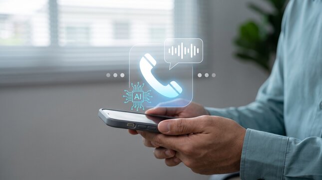 Person holding smartphone with futuristic AI-powered communication interface, showcasing advanced digital call technology and intelligent networking solutions