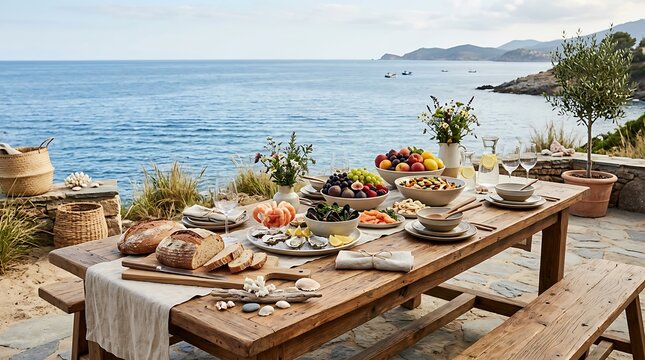Outdoor dining table with mediterranean food and snacks overlooking the blue sea. coastal buffet setup