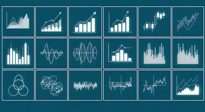 Grid of various financial and statistical charts for business analysis with business statistics analysis reporting corporate information dashboard performance comparison diagrams investment