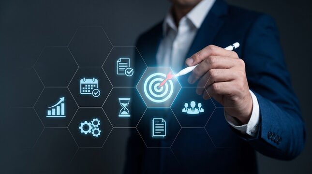 Strategic business planning and goal setting with digital analytics and performance tracking icons