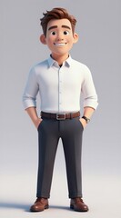 Fototapeta na wymiar Stylized cartoon man with large head wears smart casual clothes, white shirt, dark trousers. He stands with hands in pockets, smiling cheerfully with confidence, projecting friendly business persona.