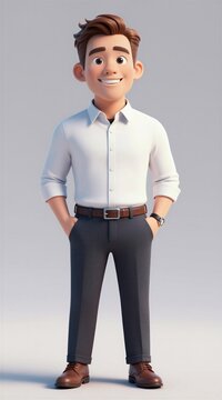 Stylized cartoon man with large head wears smart casual clothes, white shirt, dark trousers. He stands with hands in pockets, smiling cheerfully with confidence, projecting friendly business persona.