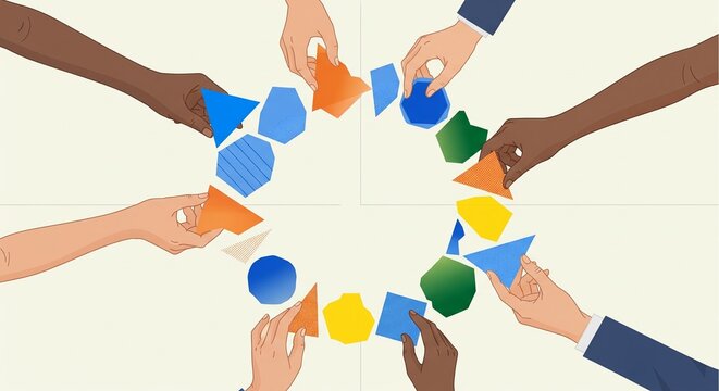Colorful geometric shapes joined by diverse hands symbolizing teamwork unity and collaboration in vibrant creative workspace