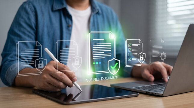 Person securely managing and signing digital documents on a tablet, enhanced by advanced cybersecurity features and electronic verification technology