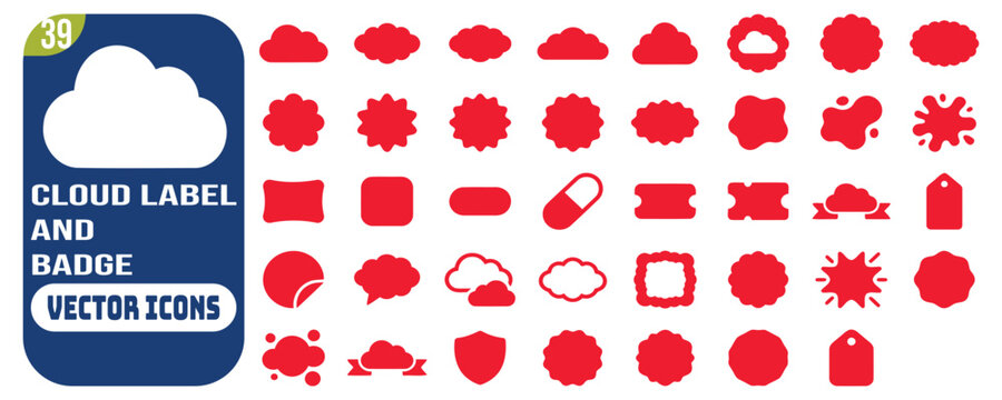 Red fluffy cloud label shapes set, squishy speech bubbles, wavy sticker badges and cute promo text boxes vector illustration.