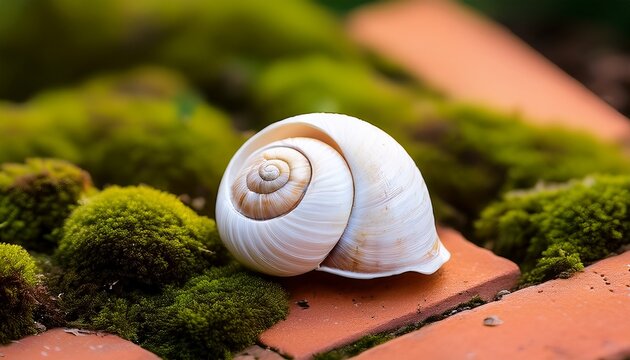 Empty White Snail Shell Resting On A Mossy Terracotta Tile