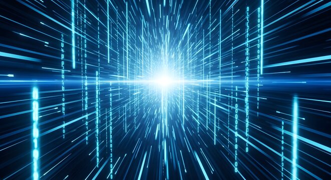 Digital data tunnel with blue binary code and light streaks