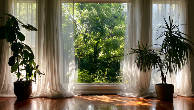Sunlight filters through delicate curtains to dap onto a gleaming wooden floor. Through a spacious window, a verdant garden is revealed, lush with life. Two container plants stand guard by the window,