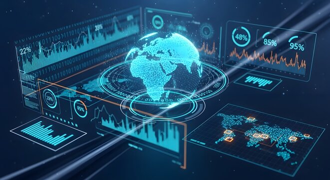 Futuristic digital data interface with glowing blue globe