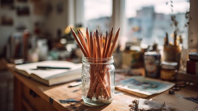 Group of classic wooden pencils inside a glass jar on an artist table, creative workspace mood, art supplies, drawing tools, organized studio, inspiration concept.