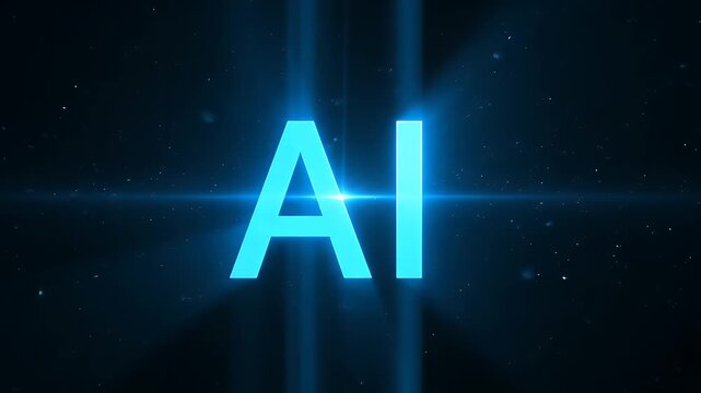 Ai text logo animation with glowing blue light effects and particle background