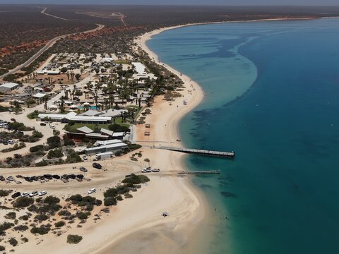 Aerial view of Monkey Mia with its pristine sandy beach, turquoise waters, jetty, and resort facilities along the coastline in Monkey Mia, Western Australia, Australia.