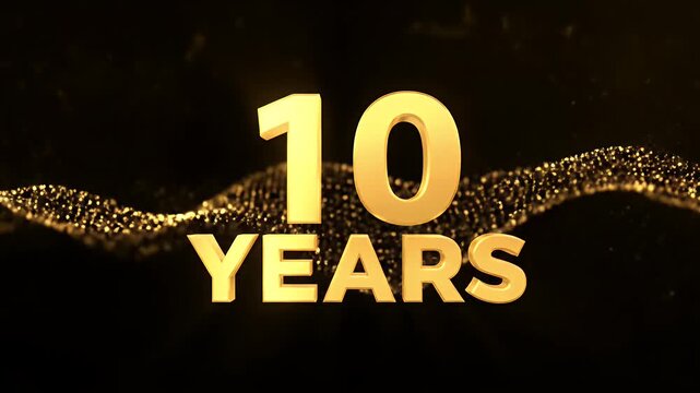 10 years anniversary golden text animation with glowing particles background