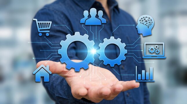 Enterprise API Integration with Real-Time Data Connectivity. Business Professional Managing Application Integration System with Gear Icons