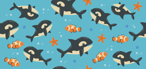 Cute seamless pattern background featuring swimming killer whales, clownfish, and starfish over a light blue backdrop. This whimsical hand-drawn underwater repeat layout showcases adorable orca charac © Oksana